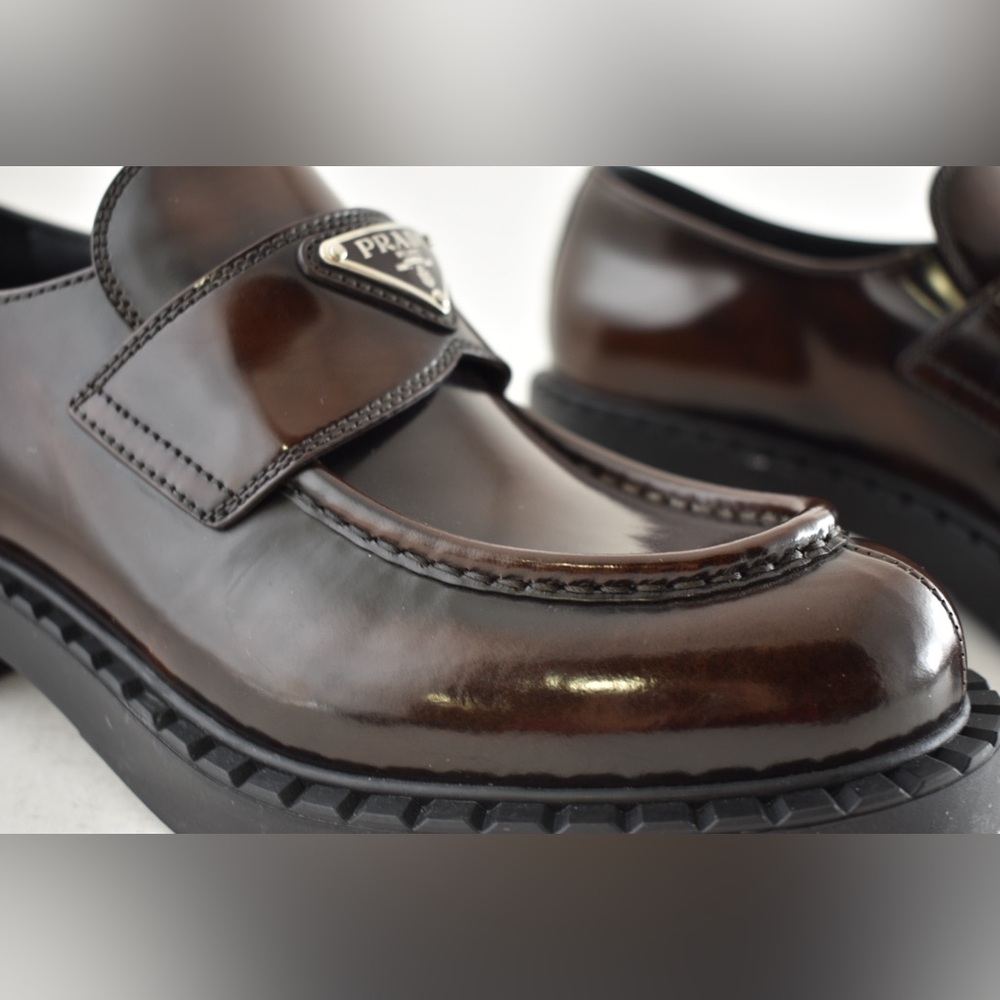 Prada Triangle Logo Fume Brown Black Platform Loafer Creeper Slip On Flat 41.5 - Picture 6 of 15